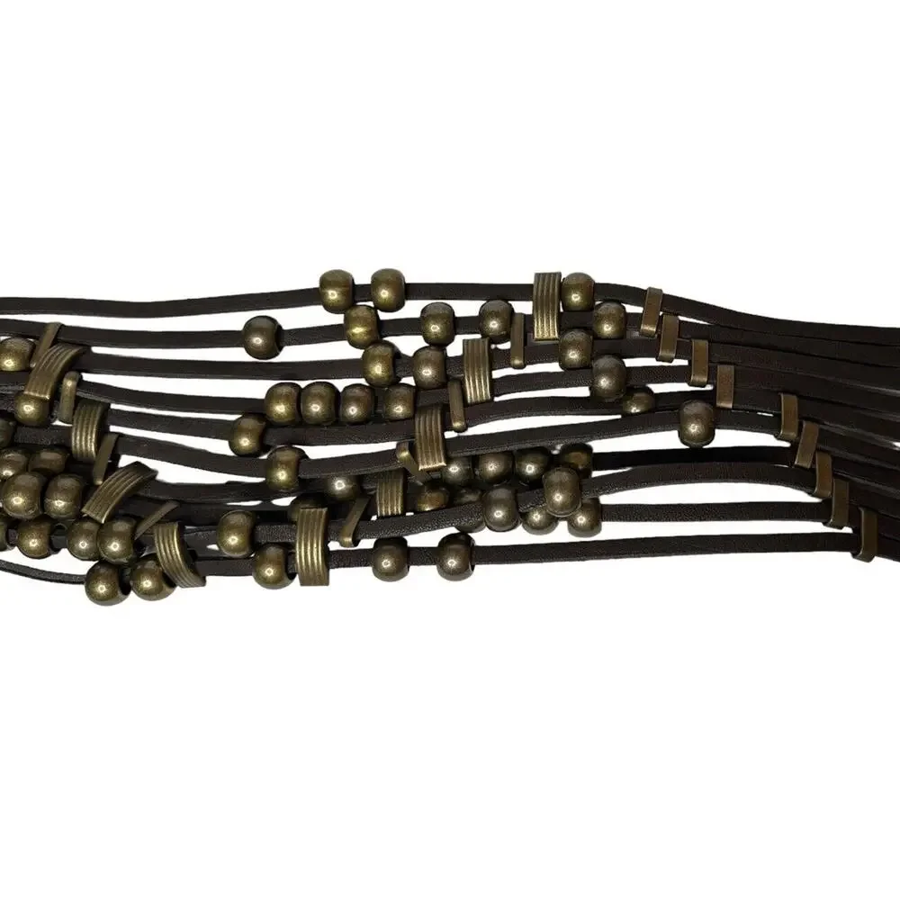 Vintage ANGIE Wide Brown Beaded Faux Leather Elastic Stretch Snap Closure‎ Belt